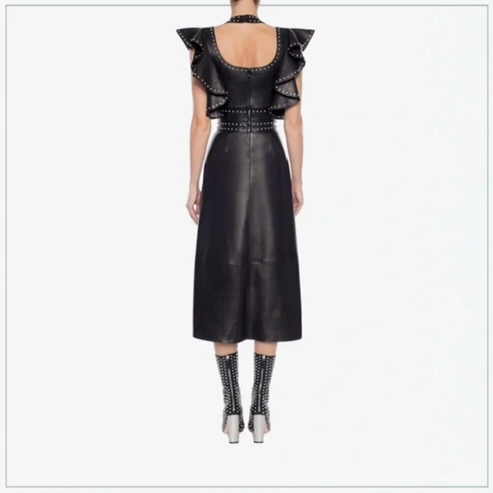$8990 Alexander McQueen Studded Trim Lamb Leather Ruffle Runway Midi Dress - Picture 9 of 11